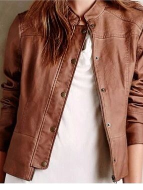 Hei Hei Anthropologie Vegan Faux Leather Moto Bomber Cognac Brown Large